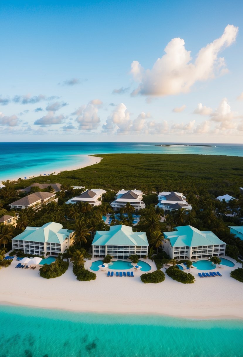 Aerial view of 5 luxury resorts on Grand Cayman's pristine white sandy beaches, surrounded by crystal-clear turquoise waters and lush tropical greenery