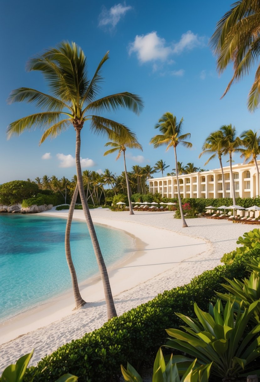 A luxurious beachfront resort with palm trees, crystal-clear waters, and pristine white sand beaches, surrounded by elegant architecture and lush tropical gardens