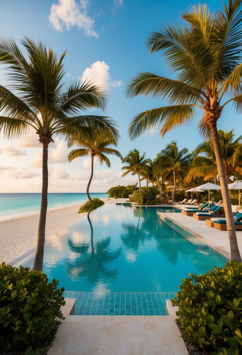 A luxurious beachfront resort with palm trees, infinity pool, and crystal-clear waters of Grand Cayman