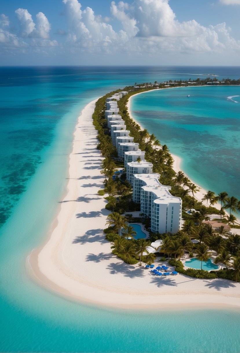 Aerial view of Grand Cayman Marriott Beach Resort with palm trees, white sandy beach, and crystal-clear turquoise water