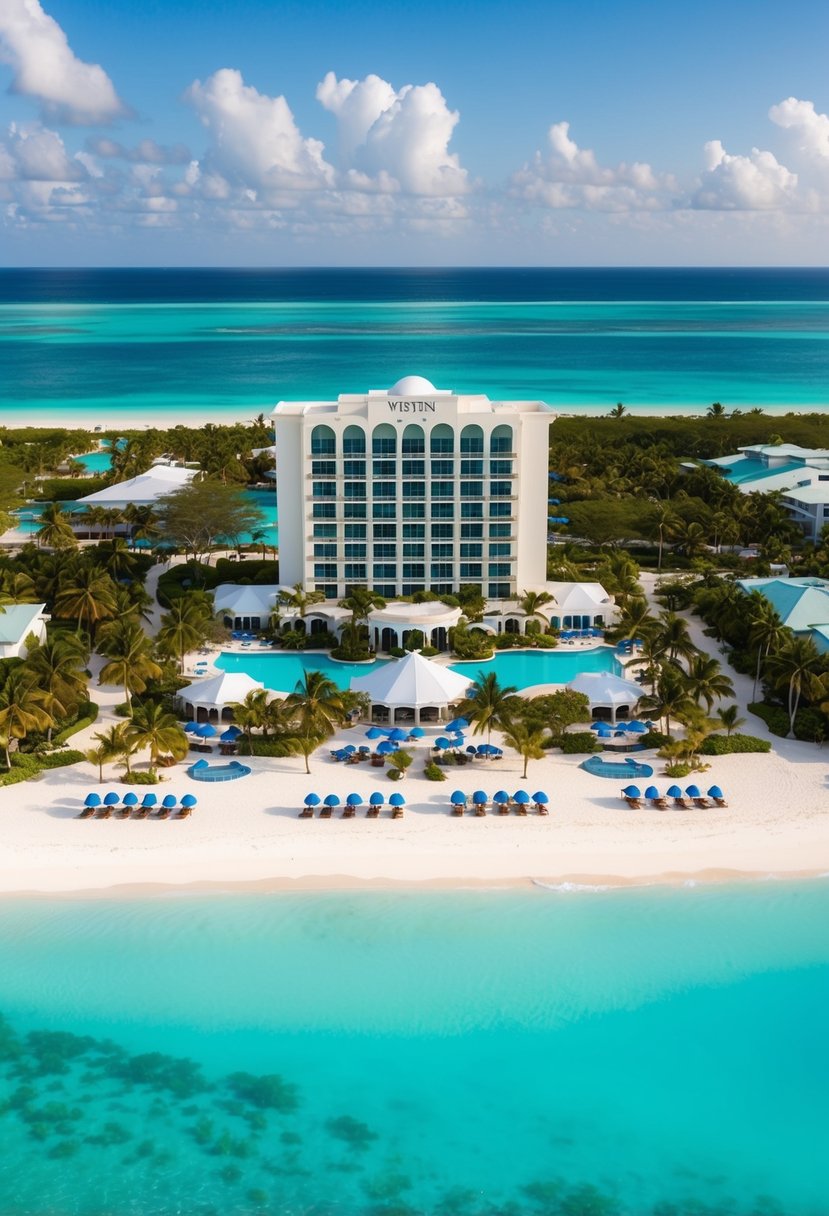 Aerial view of Westin Grand Cayman Seven Mile Beach Resort & Spa with palm trees, white sandy beach, and crystal-clear turquoise water