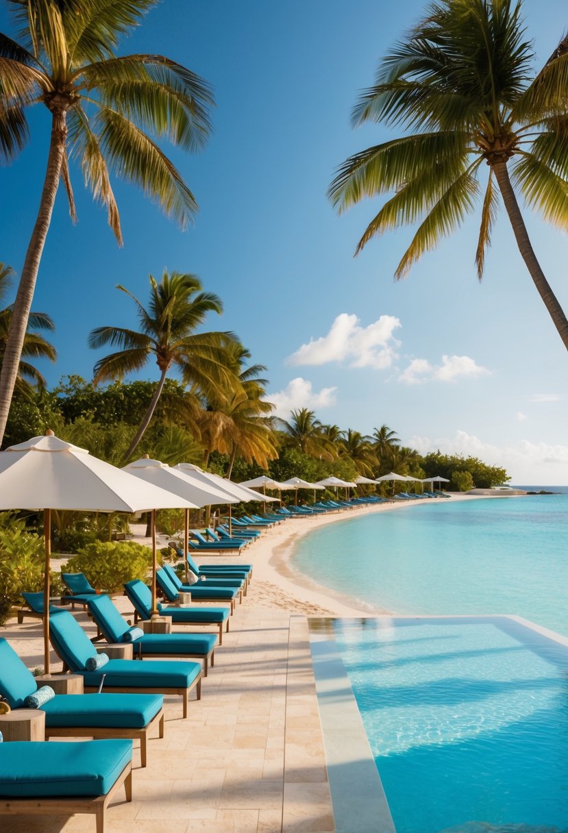 Palm-lined beach with crystal-clear water, luxury cabanas, and elegant poolside loungers at the top 5 resorts in Grand Cayman