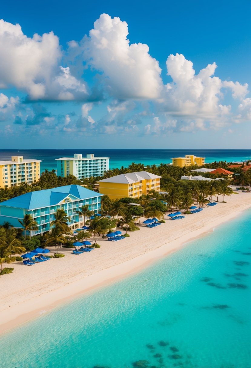 A vibrant beach scene with palm trees, crystal clear water, and colorful resort buildings nestled along the coastline of Grand Cayman