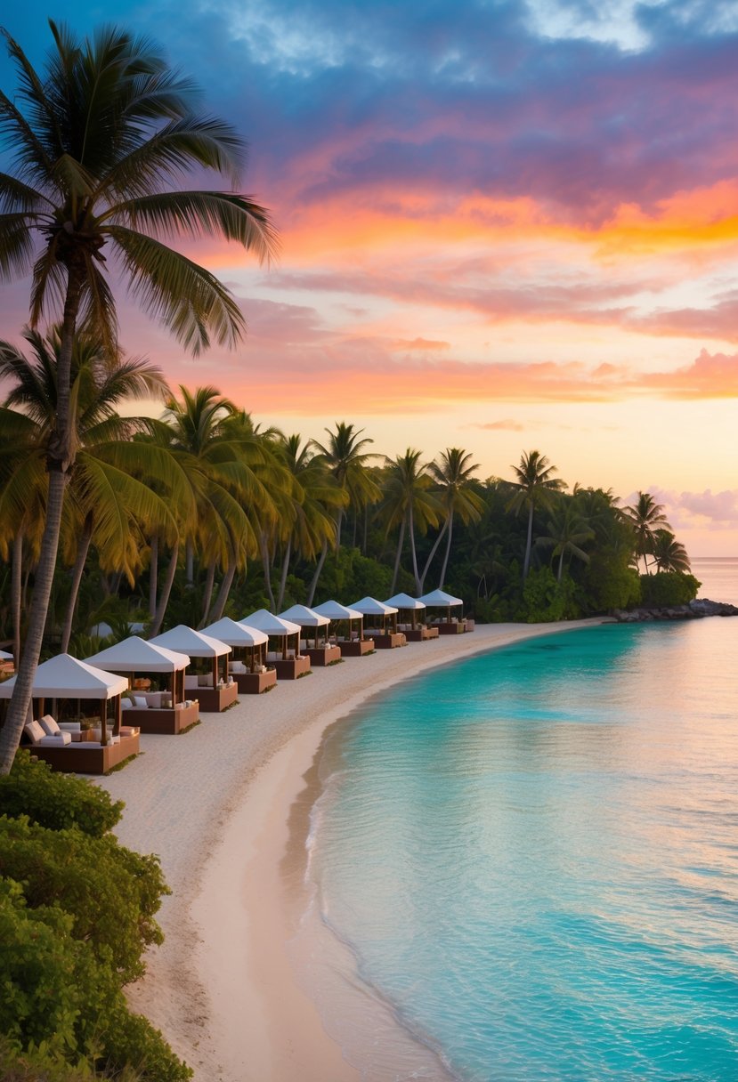 A serene beachfront resort with lush palm trees, crystal-clear waters, and luxurious cabanas lining the shore. A vibrant sunset paints the sky in hues of orange and pink, creating a picturesque backdrop for a relaxing vacation