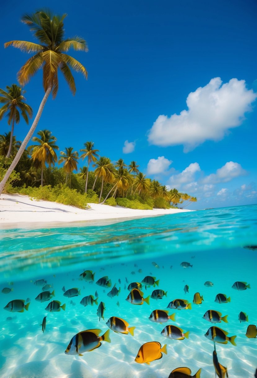 Turquoise waters lap against white sandy shores beneath palm trees and clear blue skies. A colorful array of tropical fish swim in the crystal-clear waters