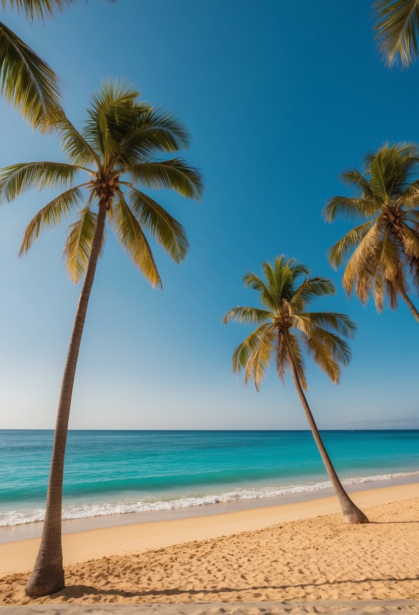 A serene beach with turquoise waters, palm trees, and a golden sandy shore, framed by a clear blue sky and gentle waves