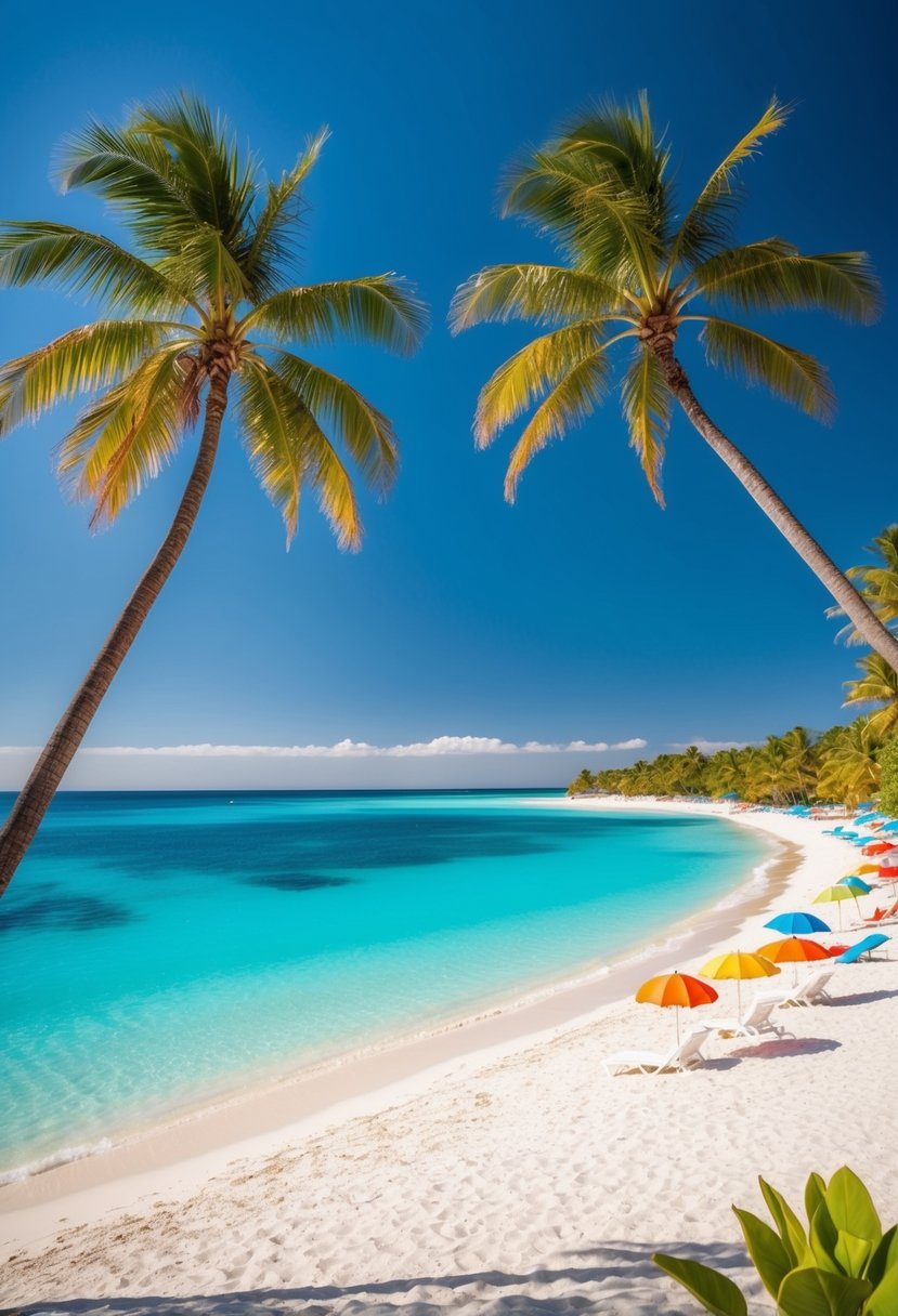 Turquoise waters lap against white sandy beaches under a clear blue sky. Palm trees sway in the gentle breeze, while colorful beach umbrellas dot the shoreline