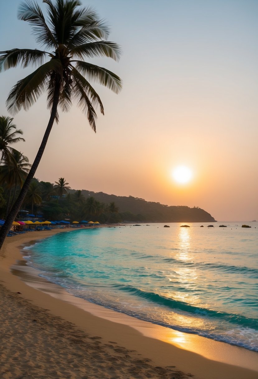 The sun sets over Anjuna Beach, casting a warm glow on the golden sand and turquoise waters. Palm trees sway in the gentle breeze, and colorful beach umbrellas dot the shoreline