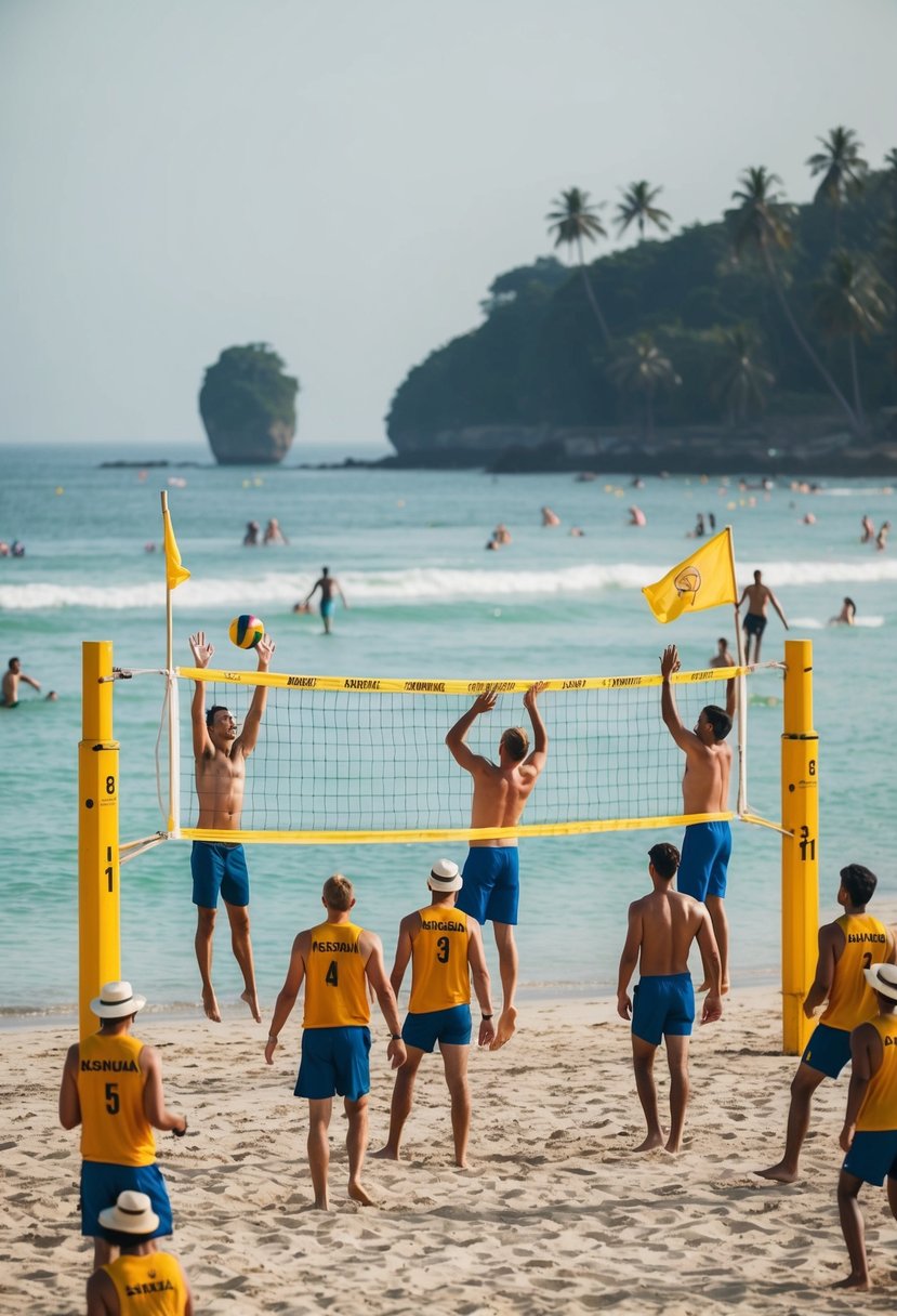 People playing volleyball, swimming, and sunbathing at the 5 best beaches in Goa. Lifeguards on duty, warning flags flying