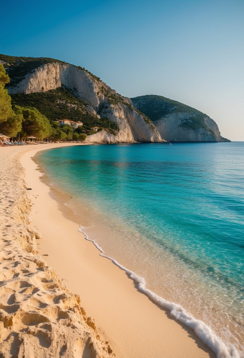 The golden sand of Pokonji Dol Beach stretches along the crystal-clear waters of Hvar, with lush greenery and rugged cliffs framing the picturesque scene