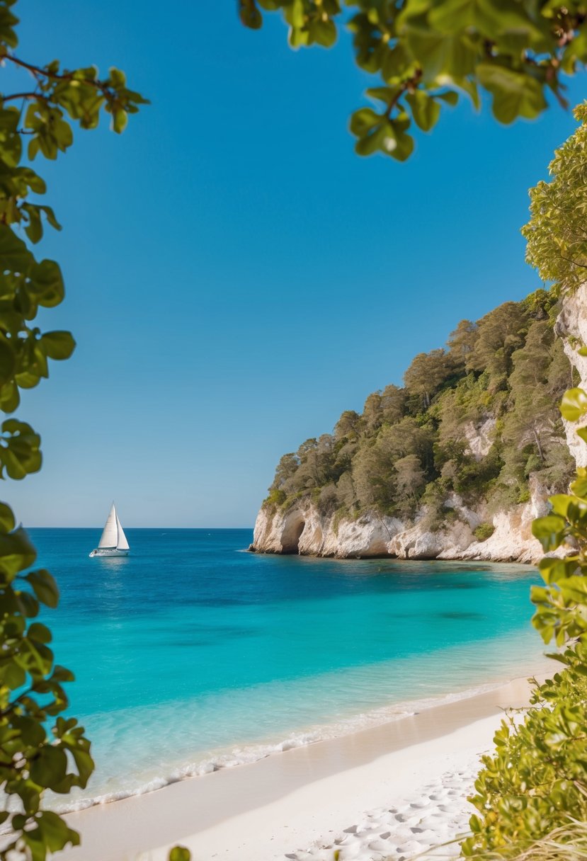 Turquoise waters lap against white sandy shore, framed by lush greenery and rocky cliffs. A lone sailboat glides in the distance under a clear blue sky