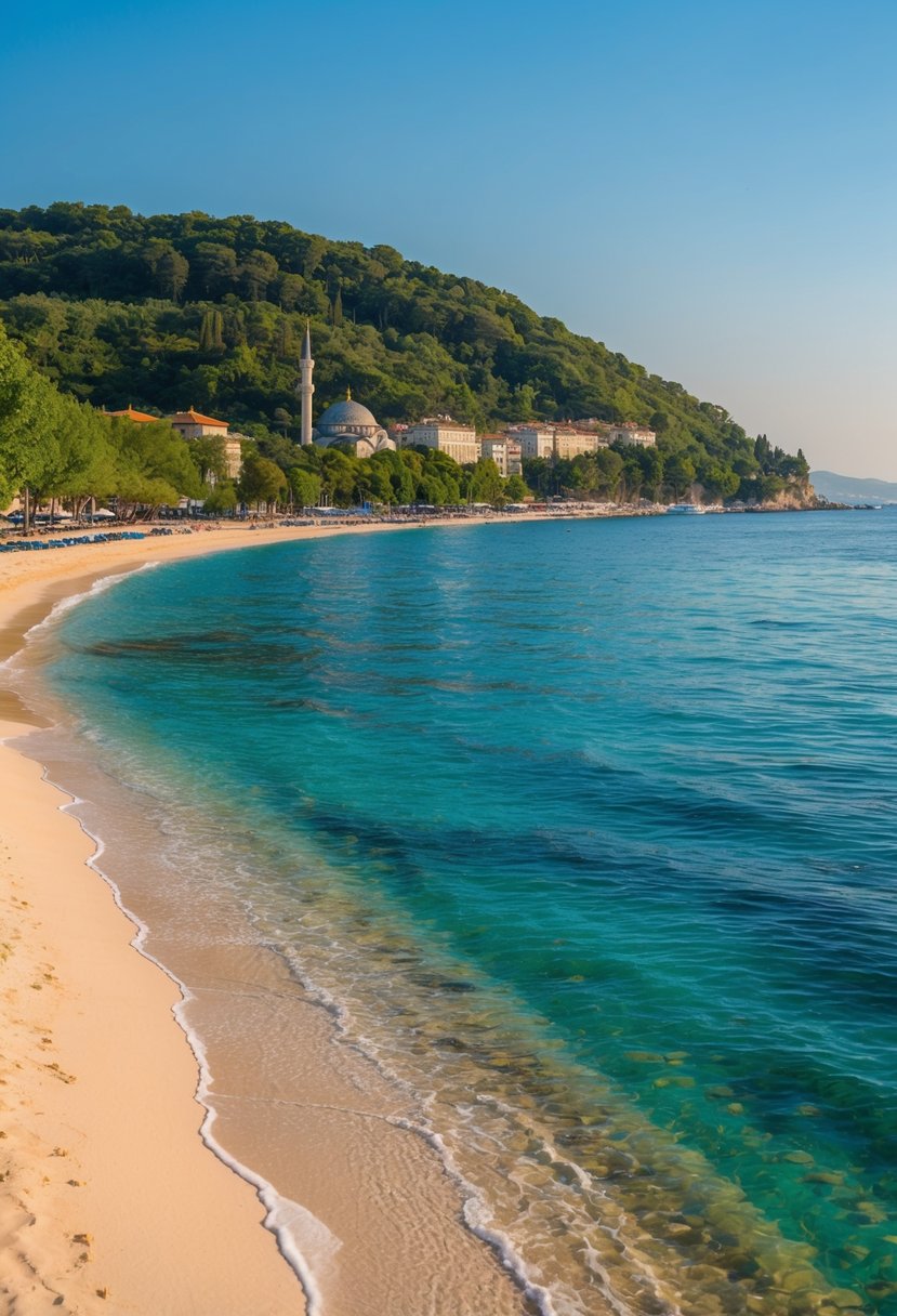 A serene beach with clear blue waters, golden sand, and a backdrop of lush greenery, nestled along the coastline of Istanbul