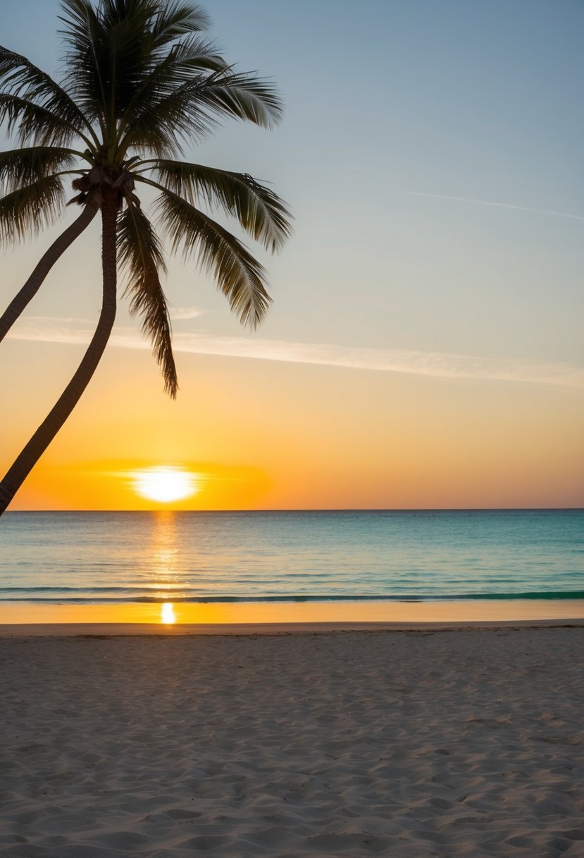 Golden sunsets over calm, turquoise waters at deserted sandy beaches. Palm trees sway in the warm sea breeze, creating a tranquil and idyllic setting