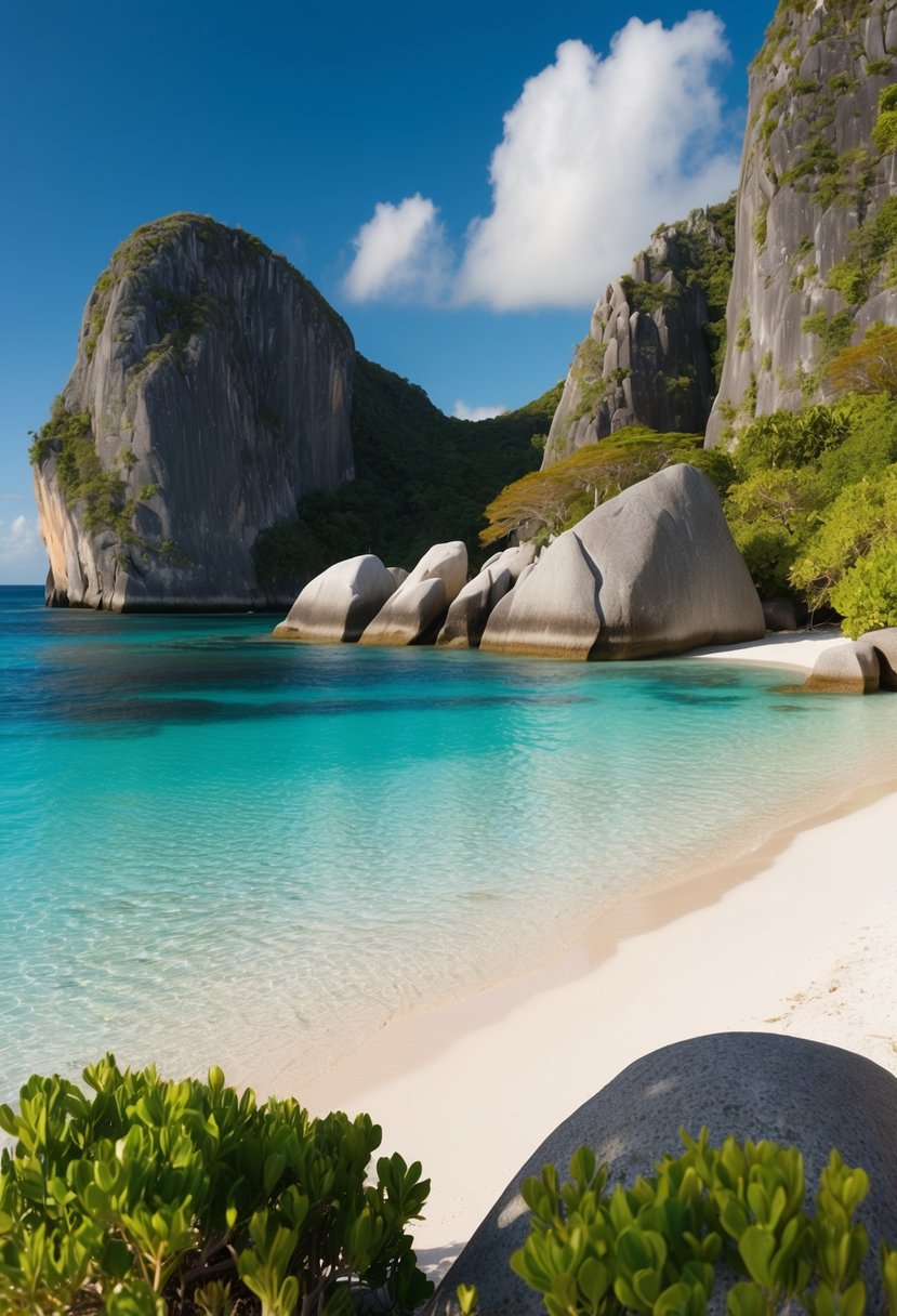 Crystal clear water, white sandy beach, towering granite boulders, and lush green vegetation create a stunning tropical paradise at Anse Source d'Argent, Seychelles