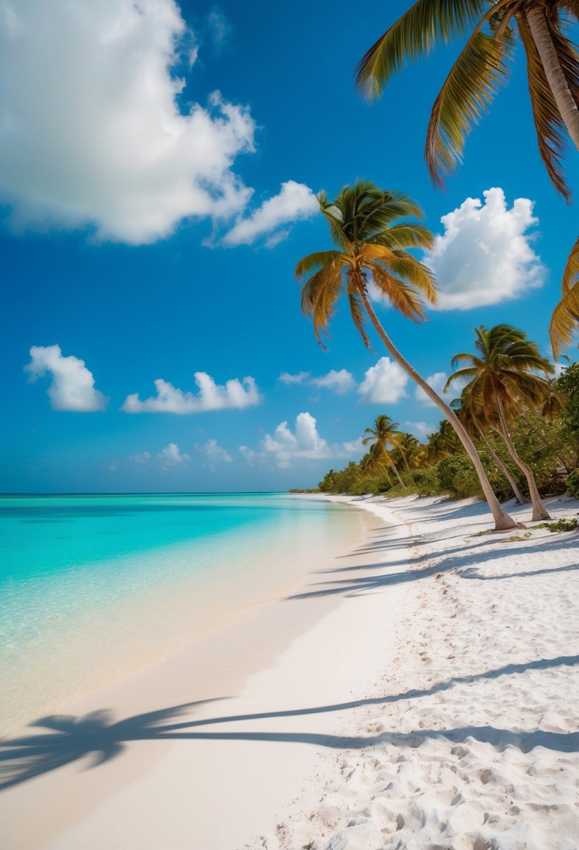 Crystal-clear turquoise waters meet powdery white sand at Seven Mile Beach, a serene paradise in the Cayman Islands. Palm trees sway gently in the warm breeze, creating a tranquil oasis