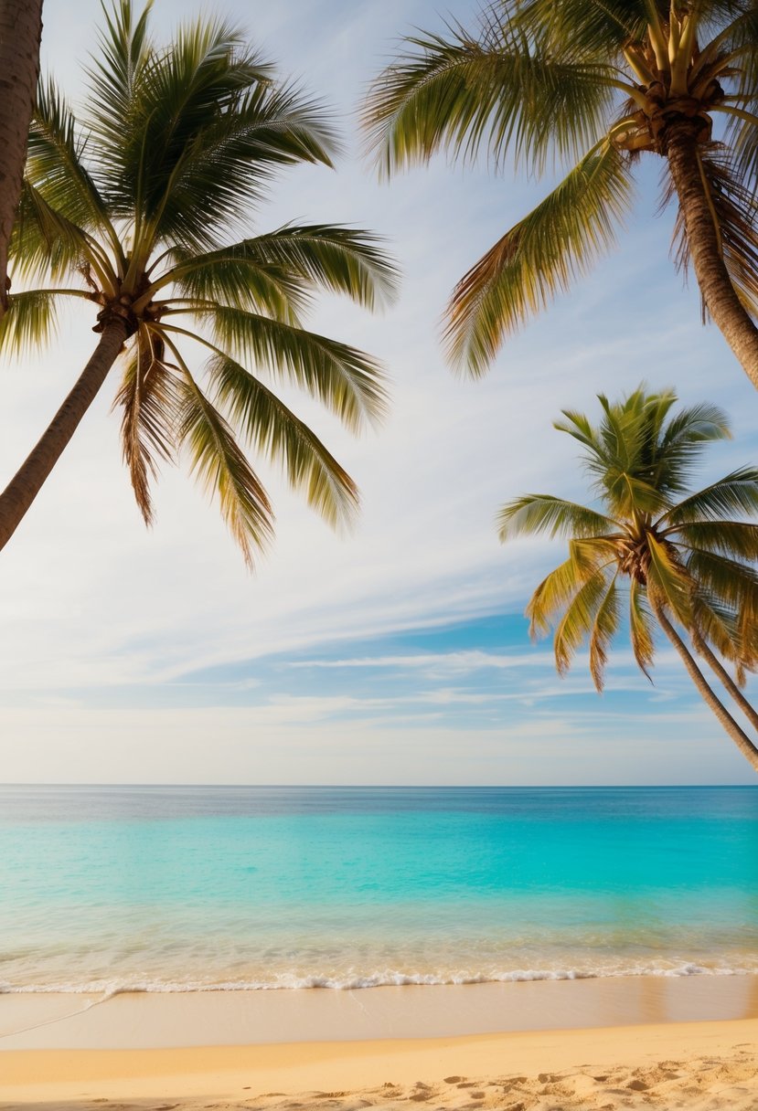 A serene tropical beach with crystal clear water, palm trees swaying in the gentle breeze, and golden sand stretching out towards the horizon