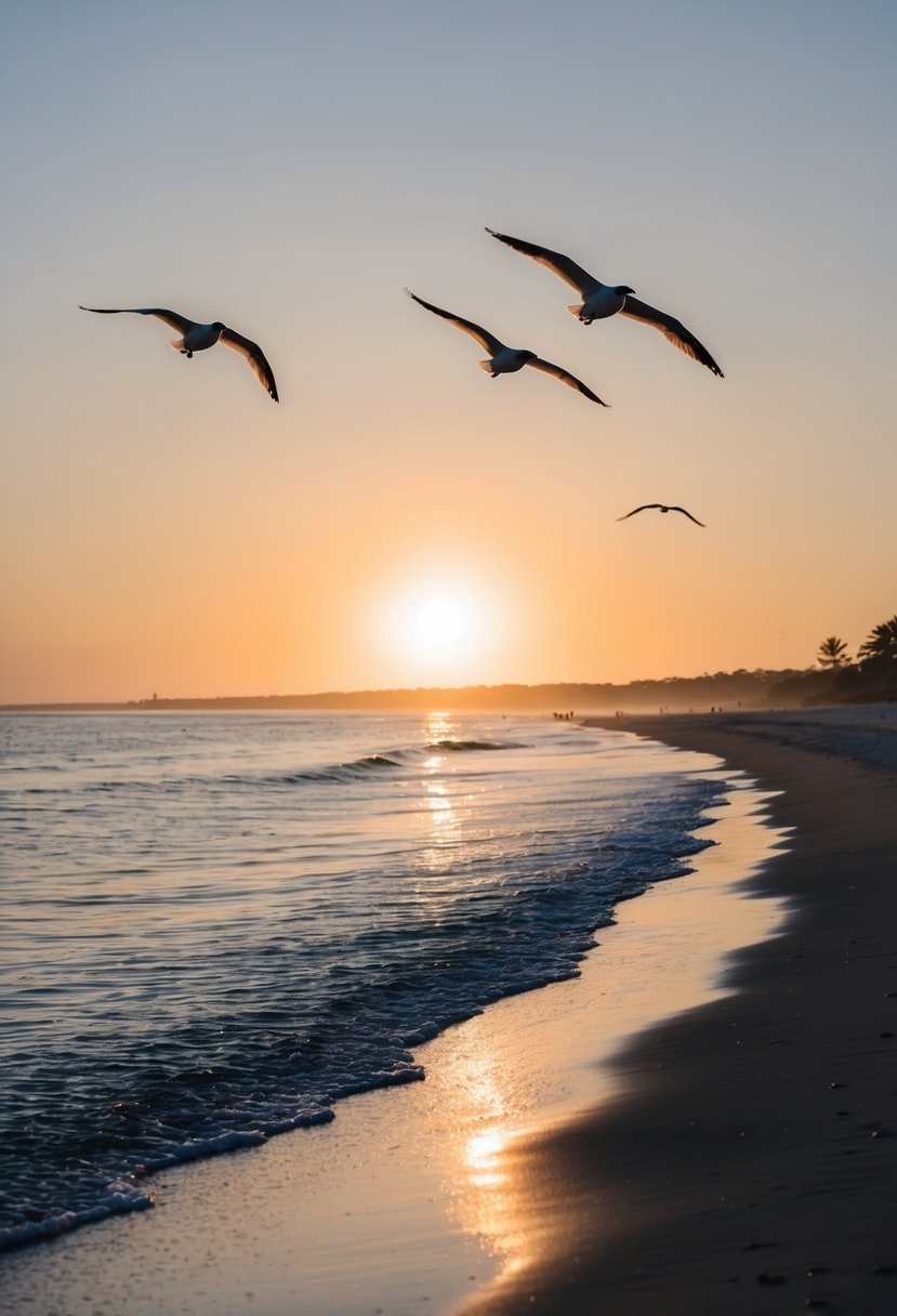 The sun sets over the calm, sandy shore of Henderson Beach State Park, with gentle waves lapping at the coastline and seagulls soaring overhead