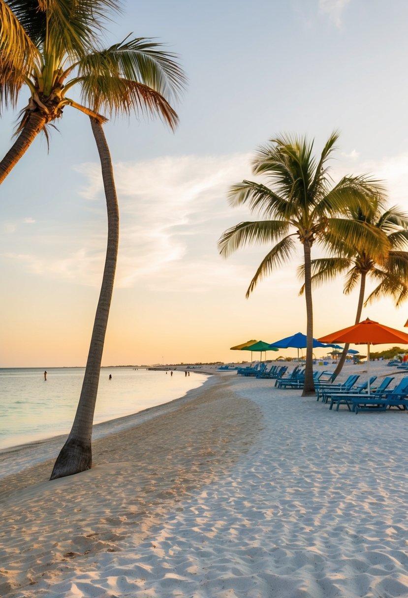 Golden sand, crystal-clear waters, palm trees, and colorful beach umbrellas dot the shoreline of Crab Island, one of the best beaches in Destin, Florida