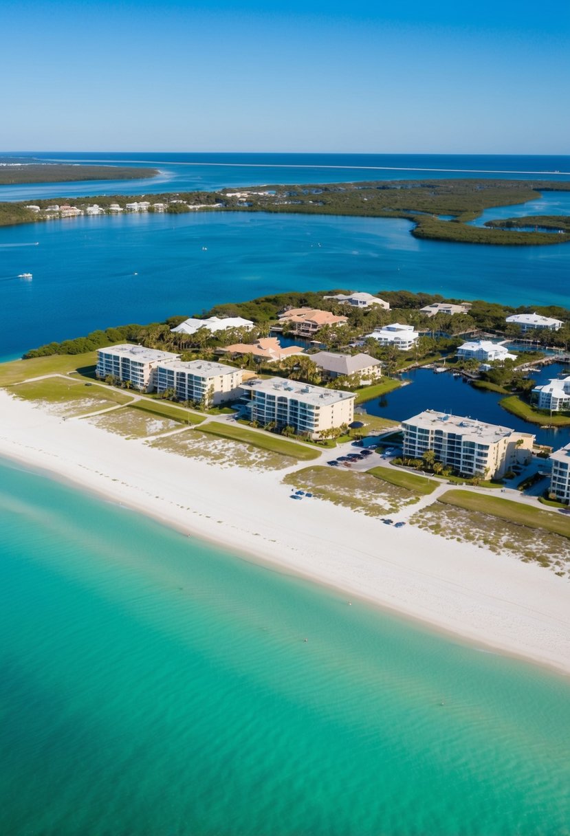 Aerial view of crystal clear waters and white sandy beaches at James Lee Park, one of the top 5 beaches in Destin, Florida