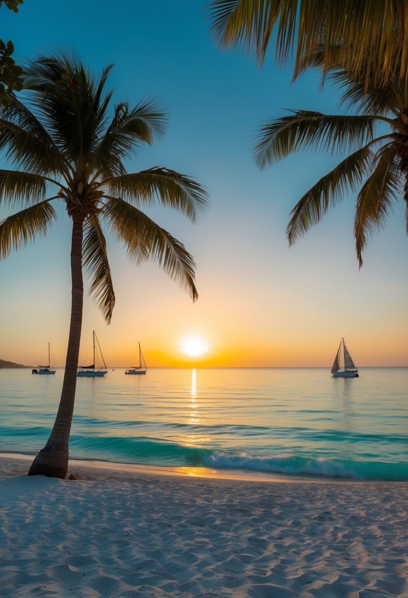 The sun sets over Norriego Point, where white sand meets turquoise water, framed by swaying palm trees and distant sailboats