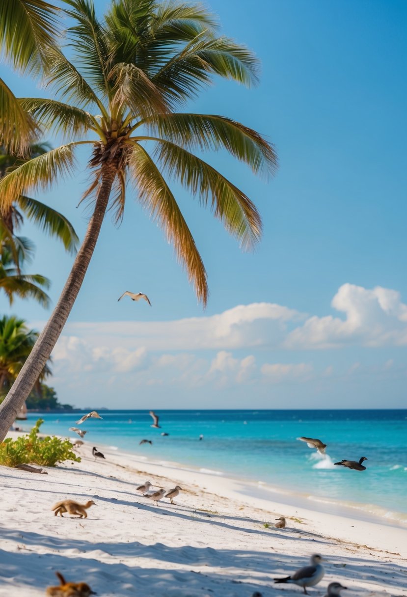 A serene beach scene with palm trees, white sand, and clear blue water, with local wildlife such as seabirds, crabs, and dolphins