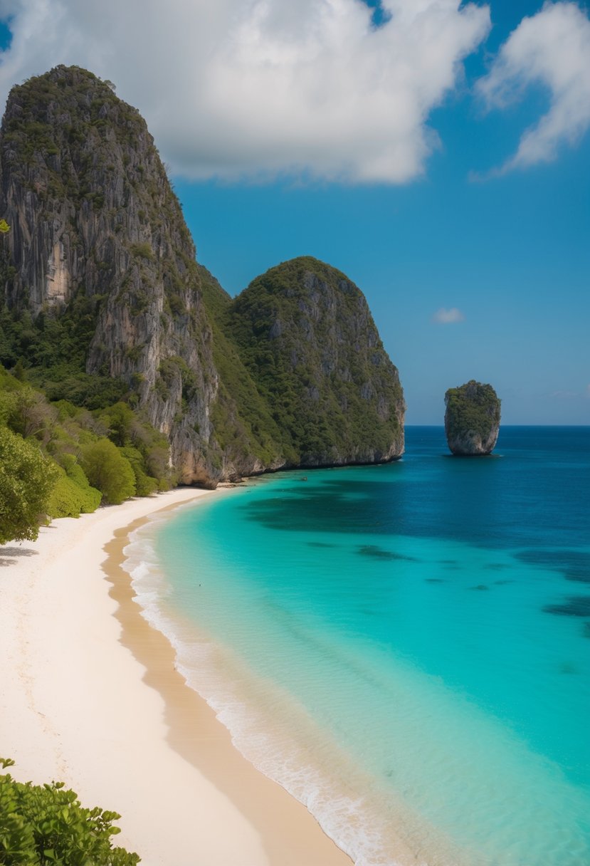 A secluded beach with turquoise waters, white sandy shores, and towering limestone cliffs, surrounded by lush greenery