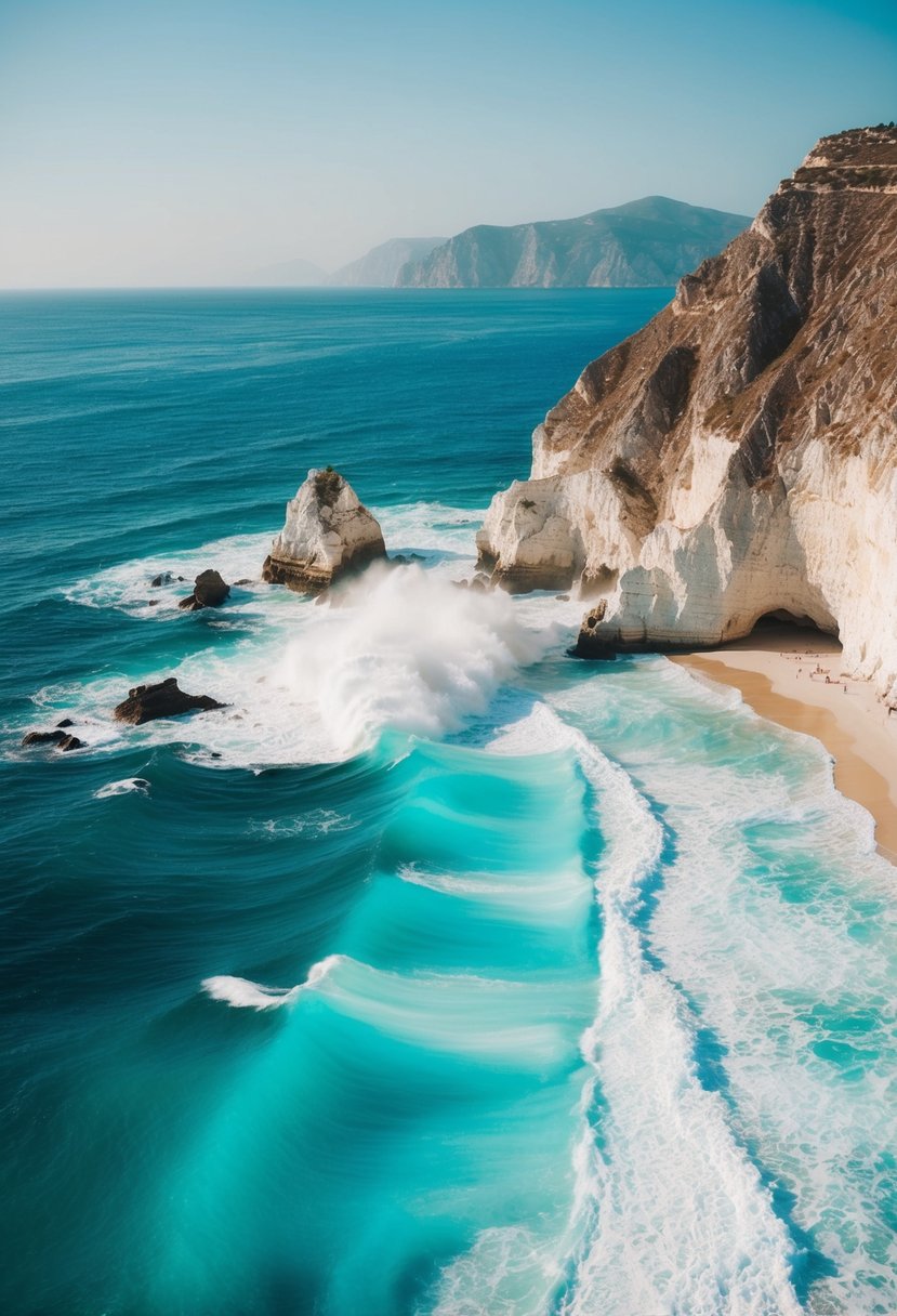 Turquoise waves crash against white cliffs at Myrtos Beach, Kefalonia, one of Greece's best beaches