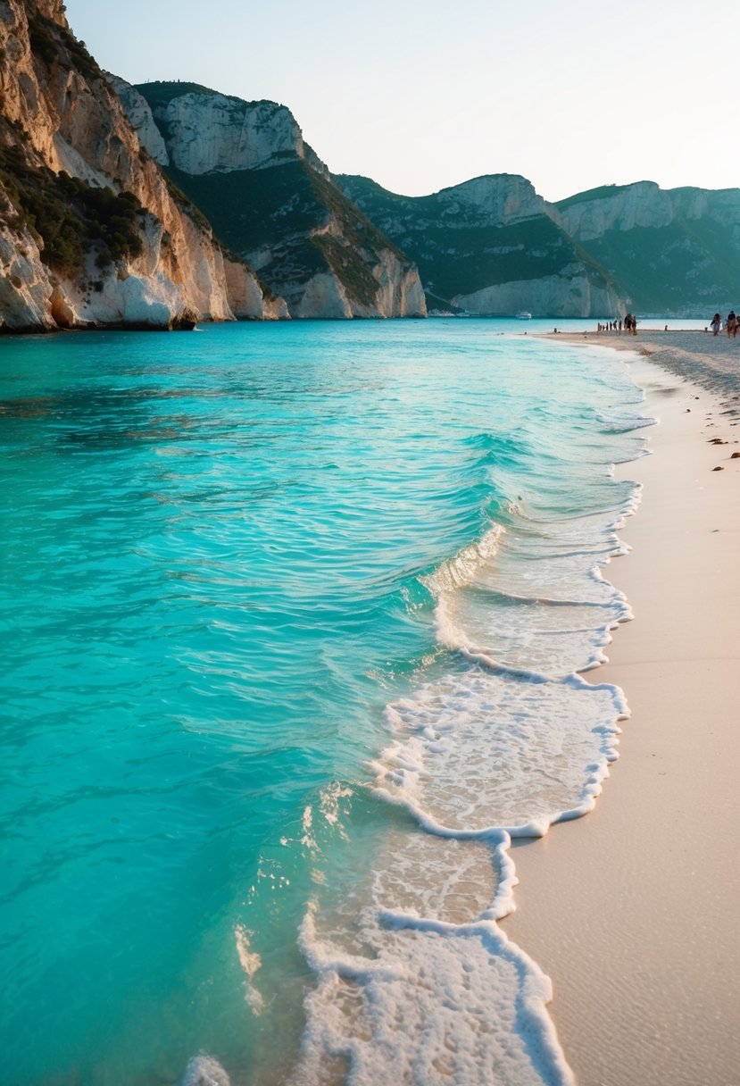 Turquoise waters lapping against the white sandy shore of Porto Katsiki, with dramatic cliffs rising in the background