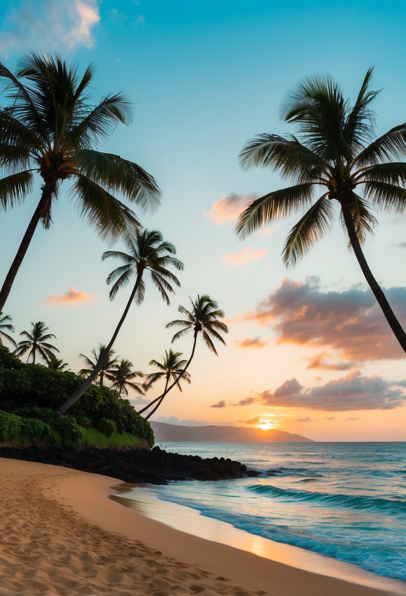 Sunset over the 5 best beaches in Kauai, with golden sand, turquoise water, lush greenery, and palm trees swaying in the gentle breeze