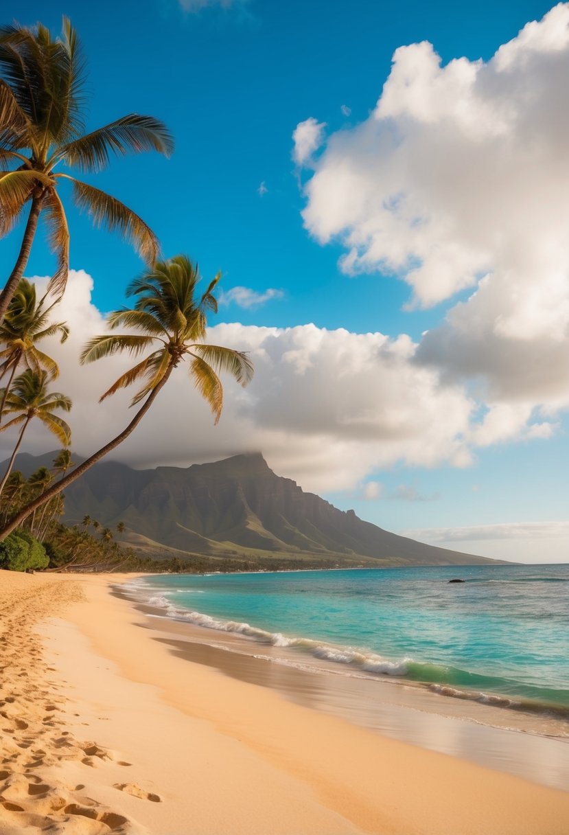 A serene scene of Poipu Beach, with golden sand, turquoise waters, palm trees, and gentle waves, making it one of the 5 best beaches in Kauai