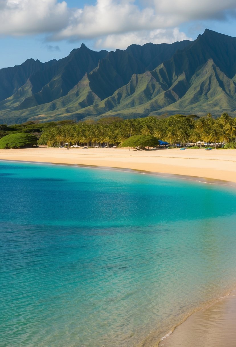 A serene bay with golden sand, clear blue waters, and lush green mountains in the background, ranked as one of the top five beaches in Kauai