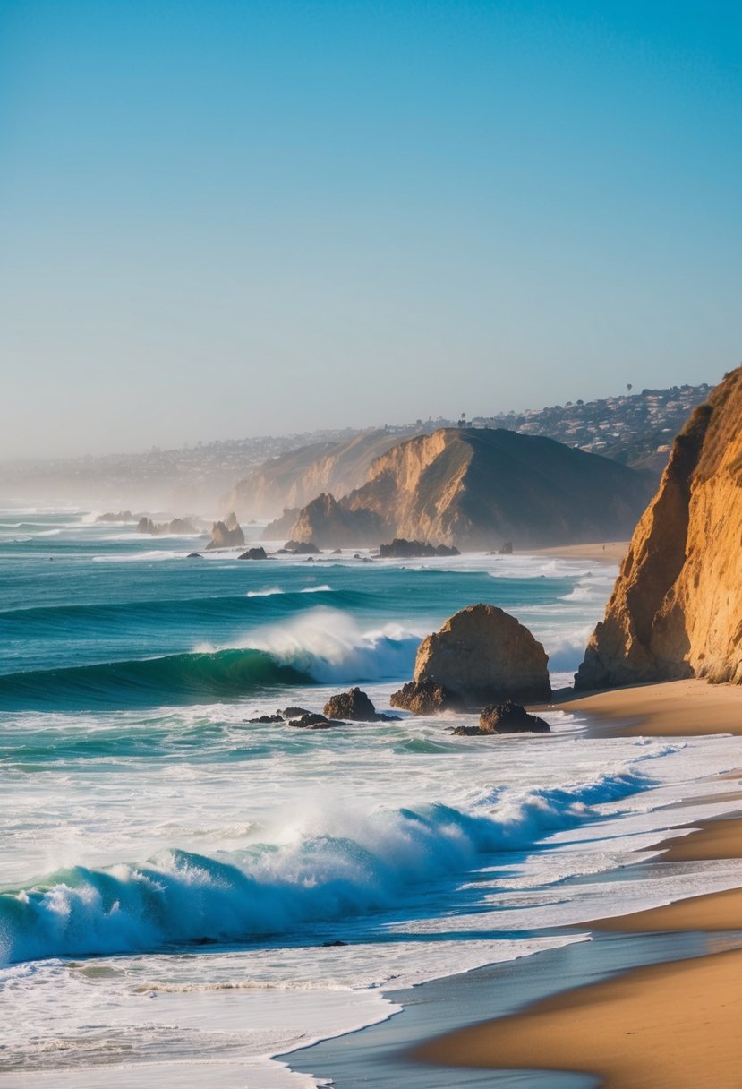 Golden sand, crashing waves, rugged cliffs, and clear blue skies at El Matador Beach, one of the best in Los Angeles
