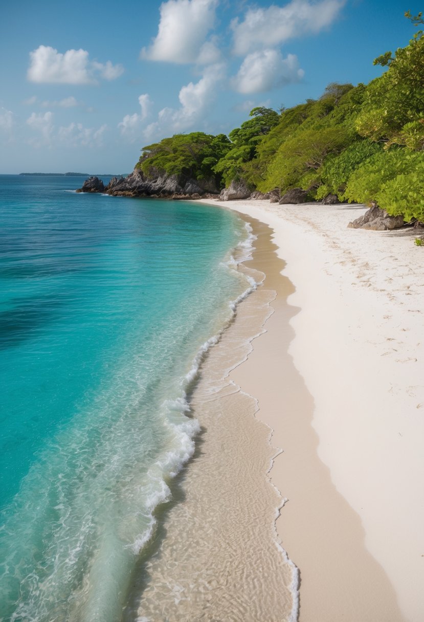 Crystal-clear water laps against the white sandy shore of Zamami Beach, with lush greenery and rocky outcrops dotting the coastline