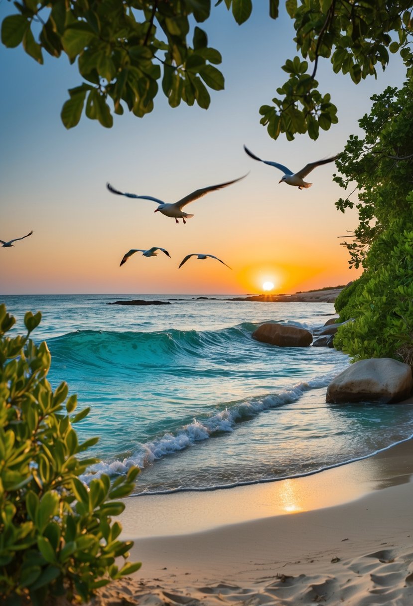 Crystal clear waters lap against the sandy shores, framed by lush greenery and rolling dunes. Seagulls glide overhead as the sun sets over the horizon