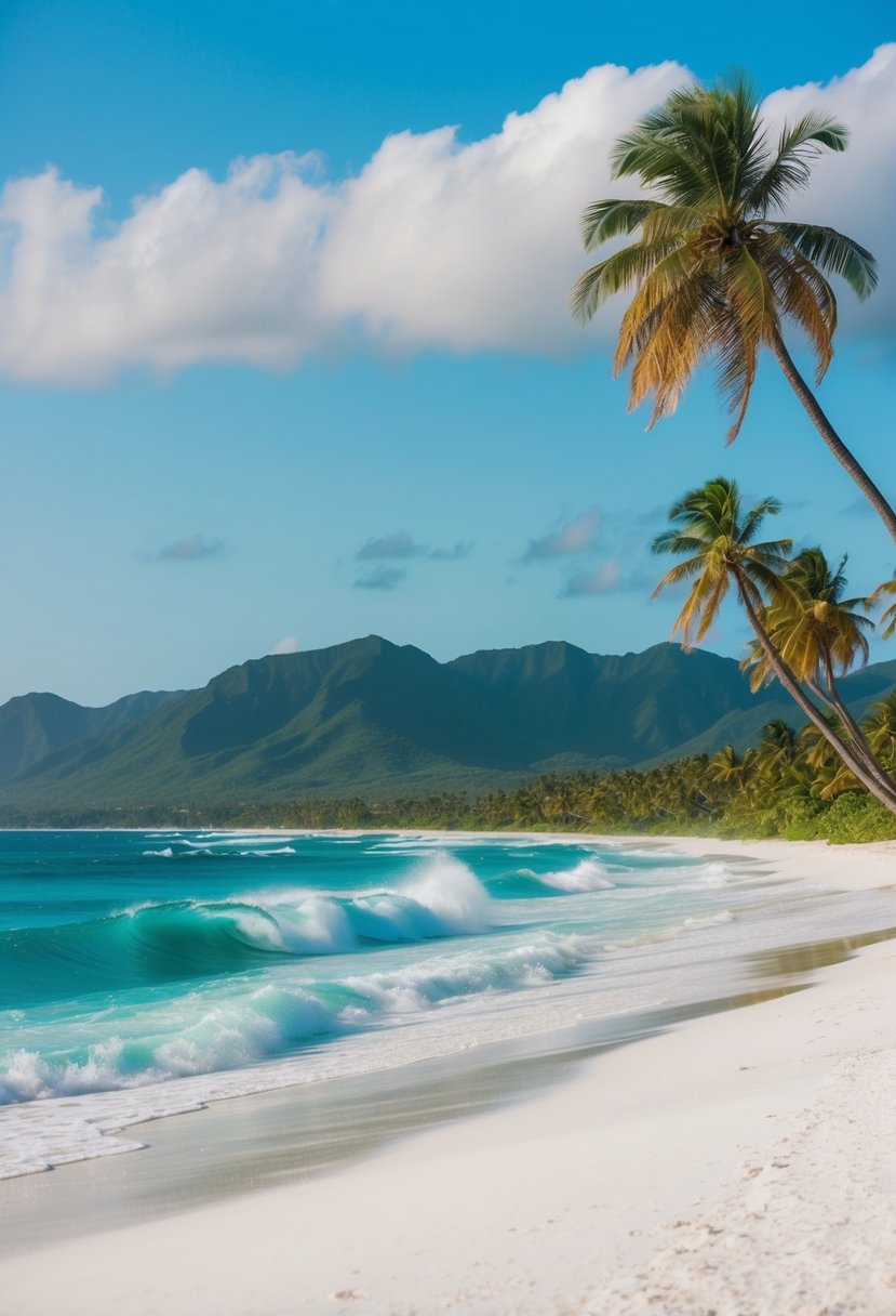 Palm trees sway on white sandy shores as turquoise waves crash against the coastline, with lush green mountains in the distance