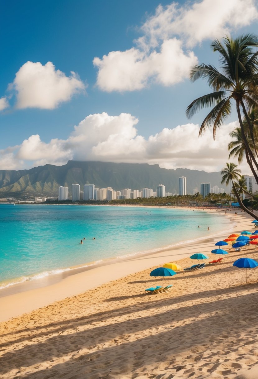 Golden sand, clear turquoise water, palm trees, and colorful umbrellas dotting the shore of Waikiki Beach, one of the 5 best beaches in Oahu