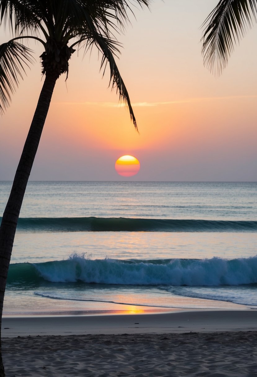 The sun dips below the horizon, casting a warm glow over the tranquil beach. Palm trees sway in the gentle breeze as waves gently crash onto the shore