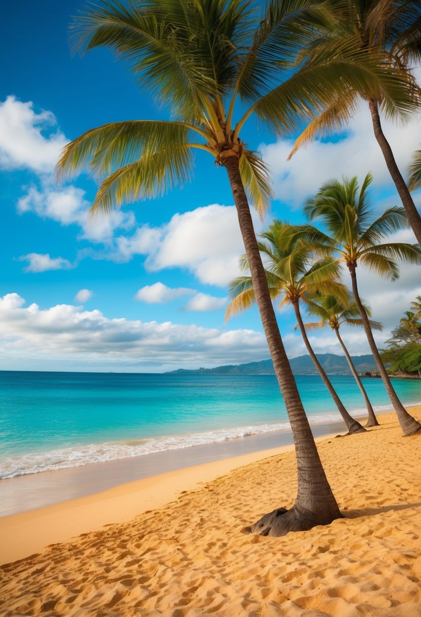 A vibrant beach scene with palm trees, turquoise waters, and golden sand at Kailua Beach Park, one of the best beaches in Oahu