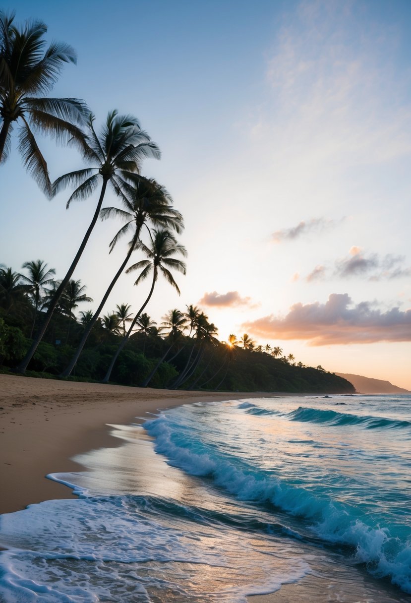 Sunset over Oahu's beaches, with palm trees lining the sandy shore and clear blue waves gently rolling onto the coastline