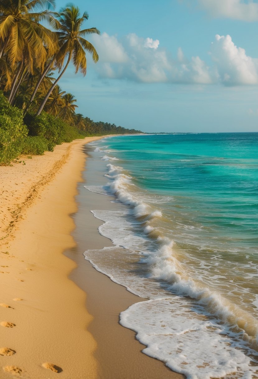 Turquoise water and golden sand stretch along the coastline, framed by lush greenery and palm trees. Waves gently roll onto the shore, creating a serene and picturesque beach scene