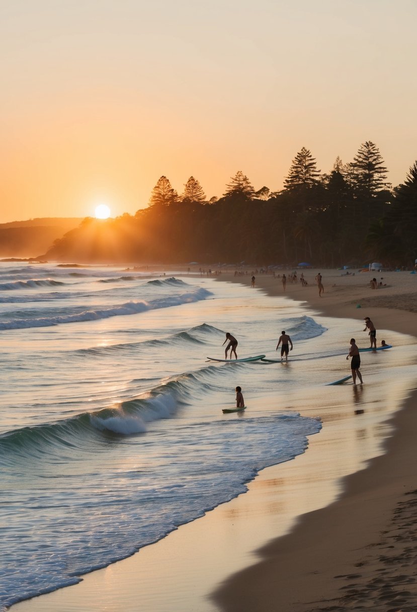 The sun sets over Noosa Main Beach, with gentle waves lapping against the golden sand. Surfers catch the last waves of the day, while families relax and play along the shoreline