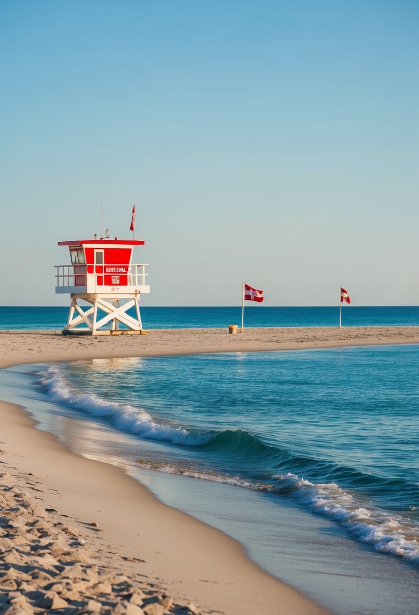 Sandy beach with clear blue water, lifeguard tower, safety flags, and calm waves
