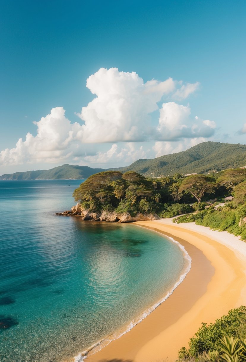 A serene bay with crystal-clear waters, golden sandy beaches, and lush greenery along the coastline. The sun shines brightly overhead, casting a warm glow on the tranquil scene