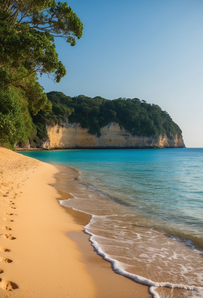 A serene beach with golden sand, clear blue waters, and a backdrop of cliffs and lush greenery