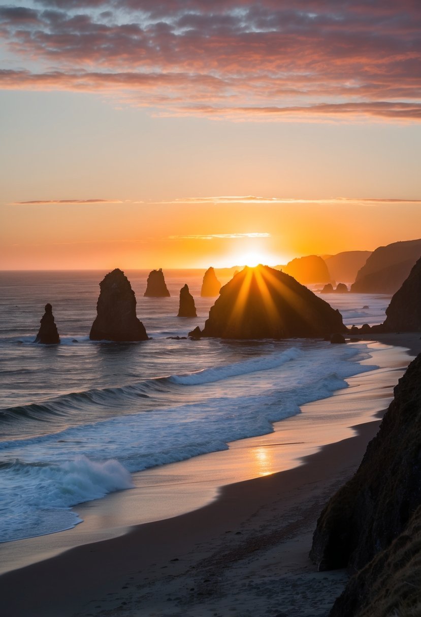 The sun sets over Ruby Beach, casting a warm glow on the rugged coastline and the iconic sea stacks, while waves crash against the shore