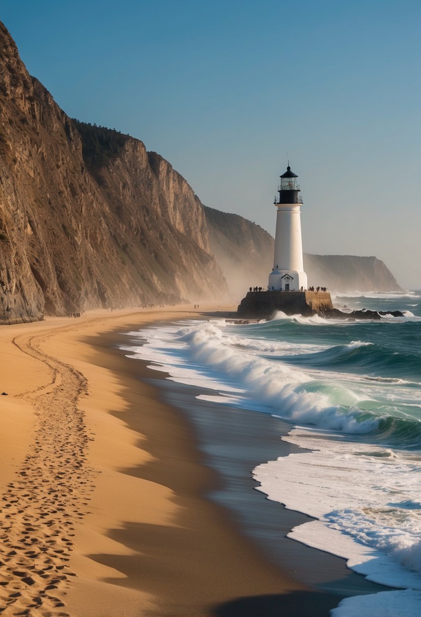 Golden sand stretches along the rugged coastline, framed by towering cliffs and crashing waves. The iconic Westport Light stands sentinel over the picturesque beach