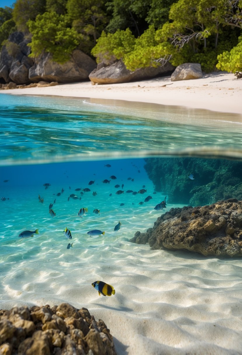 Crystal clear waters lap against sandy shores, with colorful marine life visible beneath the surface. Rocky outcroppings and lush greenery line the beach, creating a vibrant ecosystem