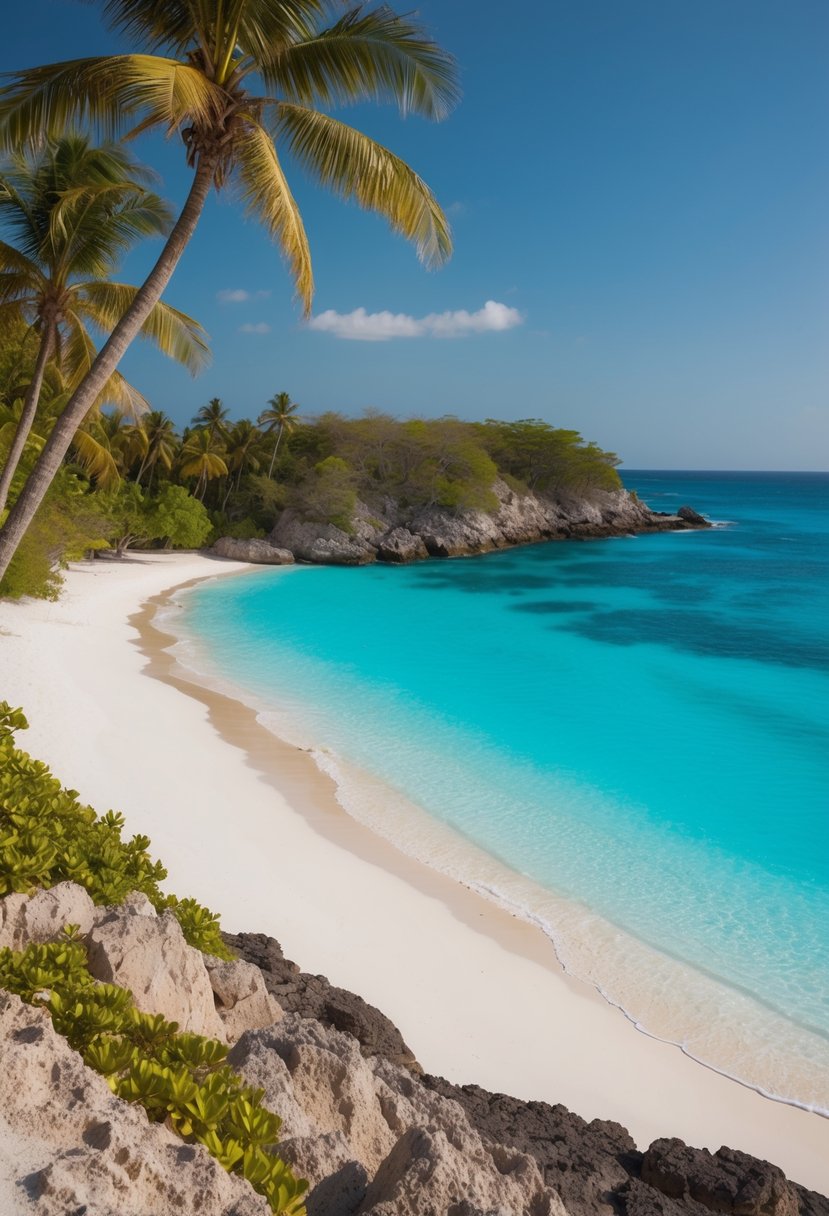 The Yucatán coastline features pristine white sandy beaches, crystal clear turquoise waters, lush palm trees, and rocky cliffs