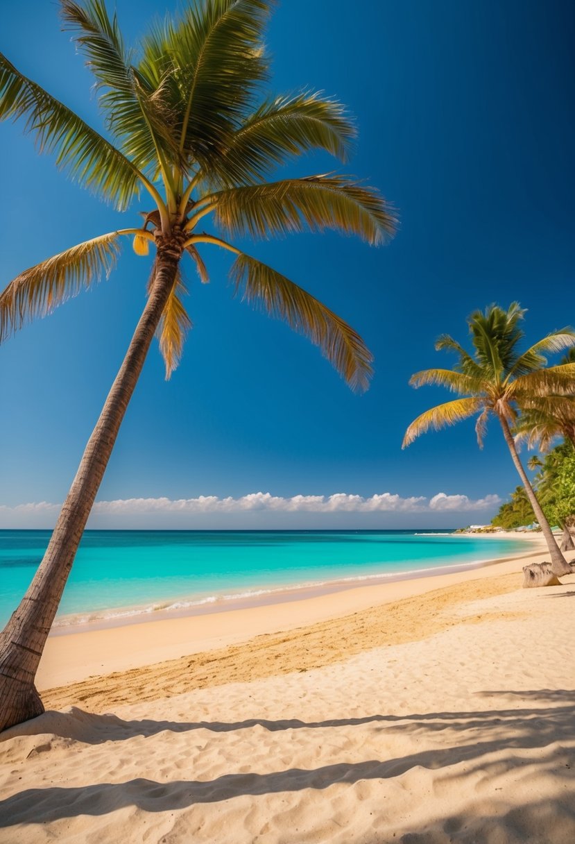 Golden sand, turquoise water, palm trees, and a clear blue sky at Nungwi Beach, one of the 5 best beaches in Zanzibar