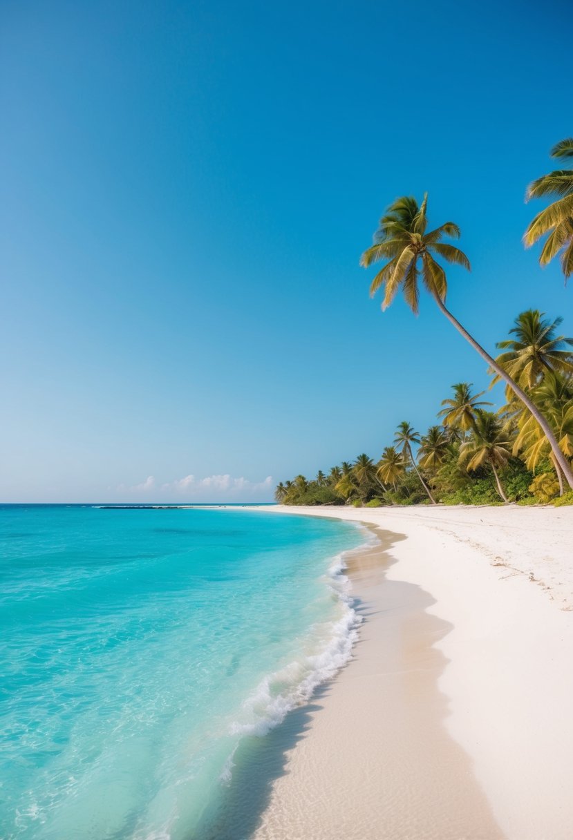 Clear turquoise waters lap against the white sandy shore of Kendwa Beach, with palm trees swaying in the gentle breeze under the bright blue sky